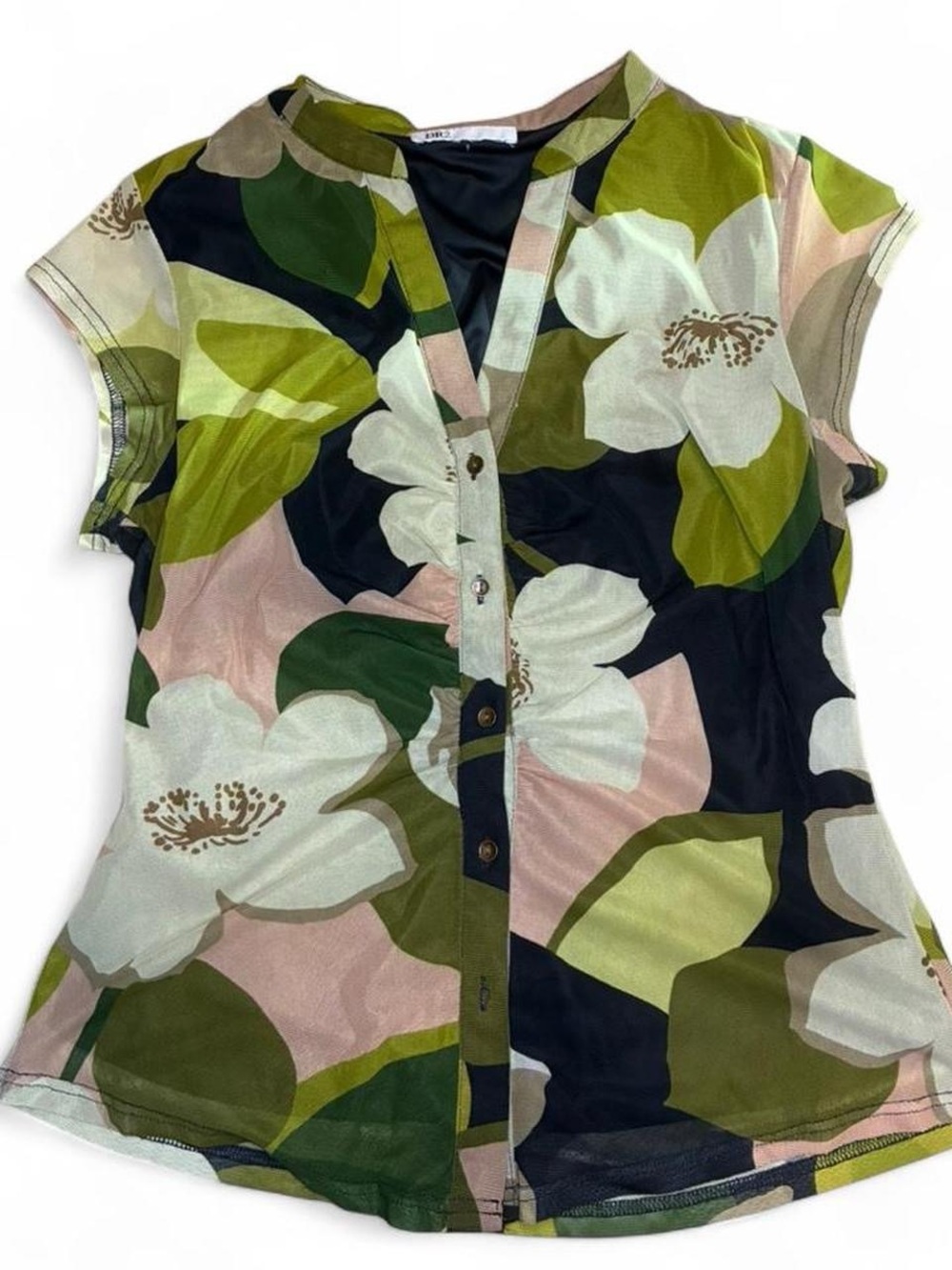 DR2 Floral Mesh Y2K Sheer Button Front Top Green Pink Stretch Blouse Size Small